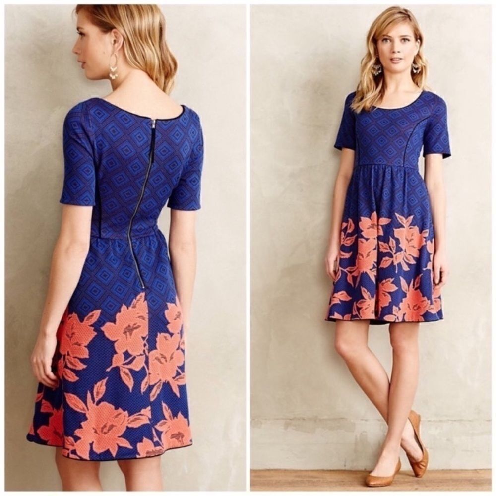 ANTHROPOLOGIE HD In Paris Blue Blushed Blooms Floral Dress • Size XS •